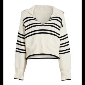 Solid & Striped V-Neck Cropped Sweater - Black & Cream